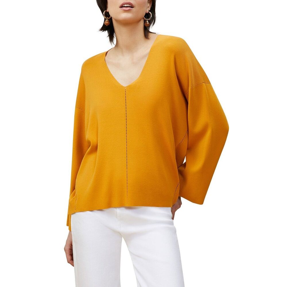 Lafayette 148 New York V-Neck Pointelle Sweater Size Small Golden Yellow New
